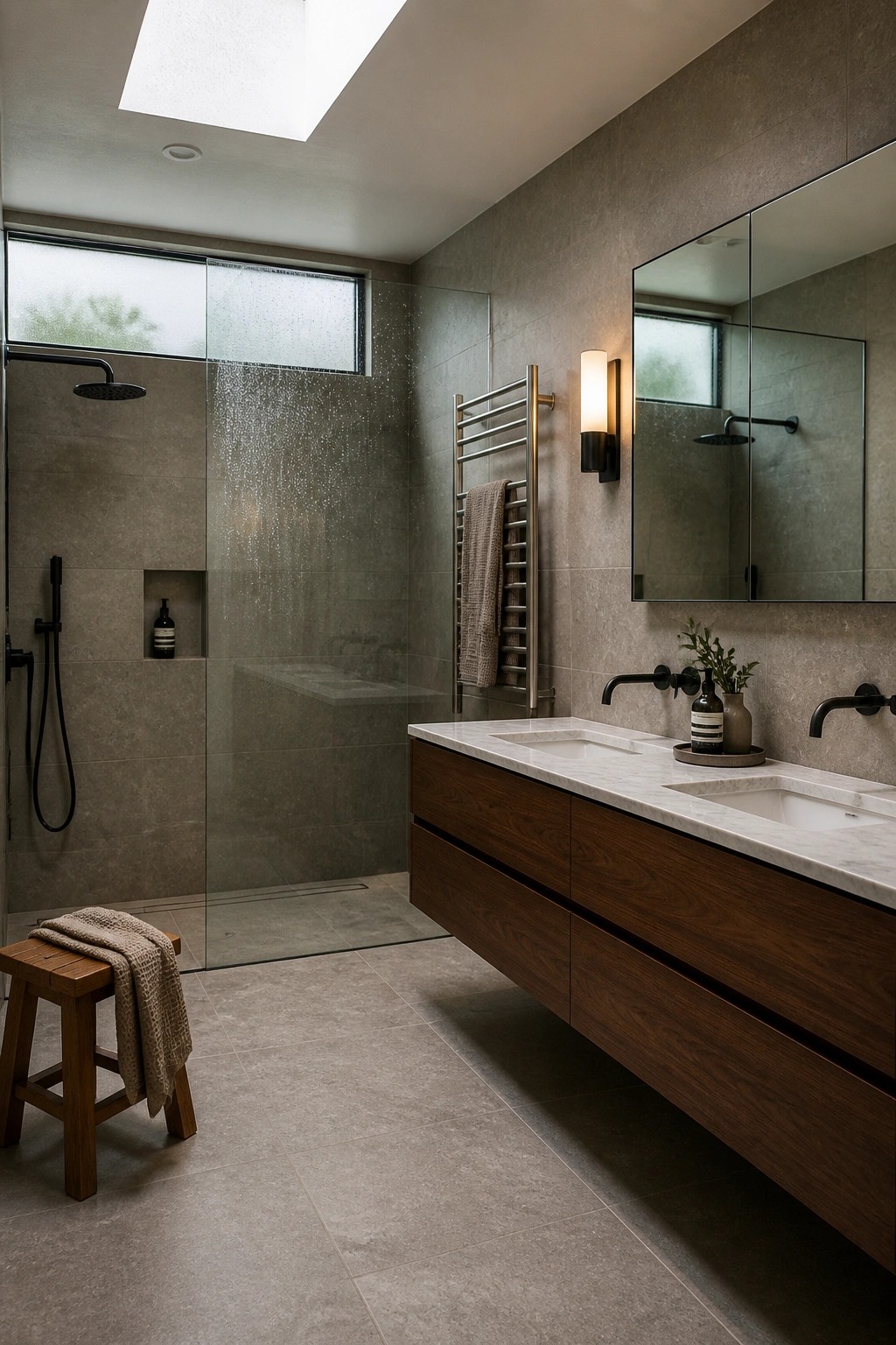 Modern bathroom with a long floating wood vanity topped in white marble, two undermount sinks, and a glass walk-in shower under a skylight.