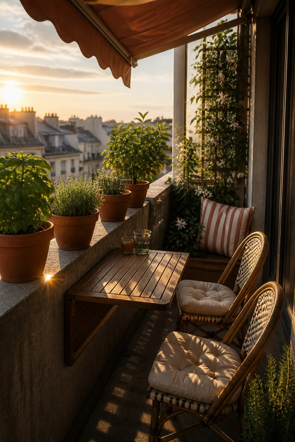 A narrow balcony with a wooden fold-down table, two cushioned wicker chairs, potted plants on the ledge, and a city skyline at sunset.