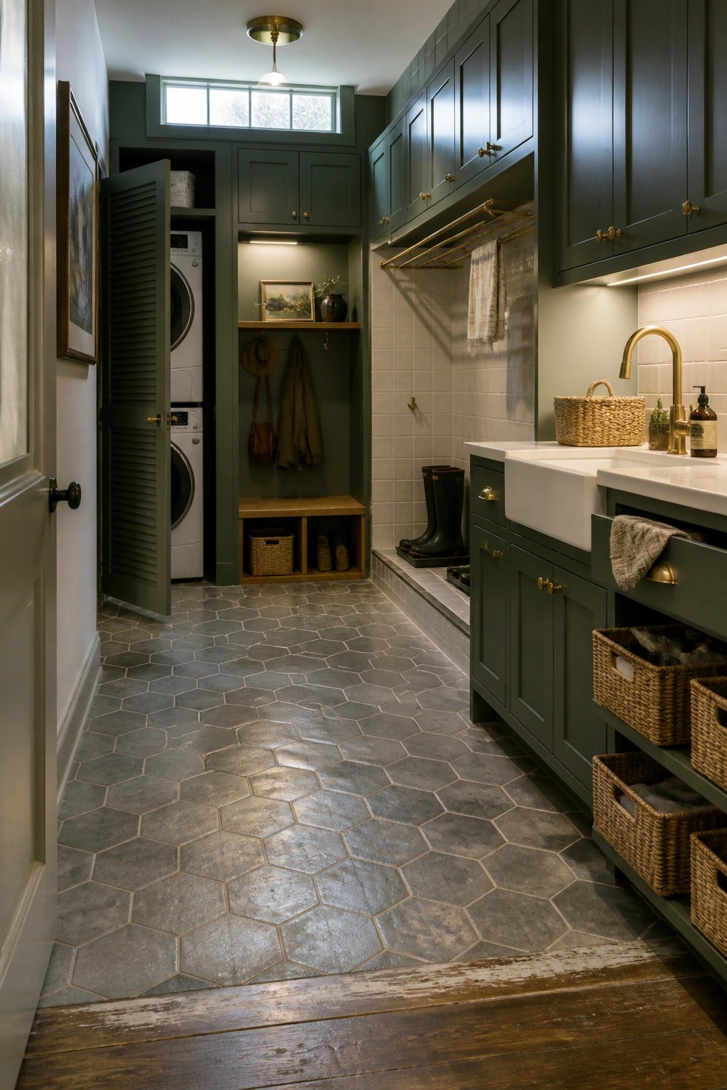 A narrow interior laundry room with dark green cabinetry, a white farmhouse sink, open storage cubbies, and a stacked washer and dryer concealed behind open louvered doors.