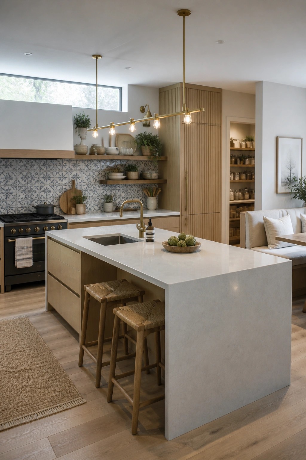 A modern kitchen with a large white central island, two wooden stools with woven seats, brass pendant lights, and light wood cabinetry against a patterned tile backsplash.