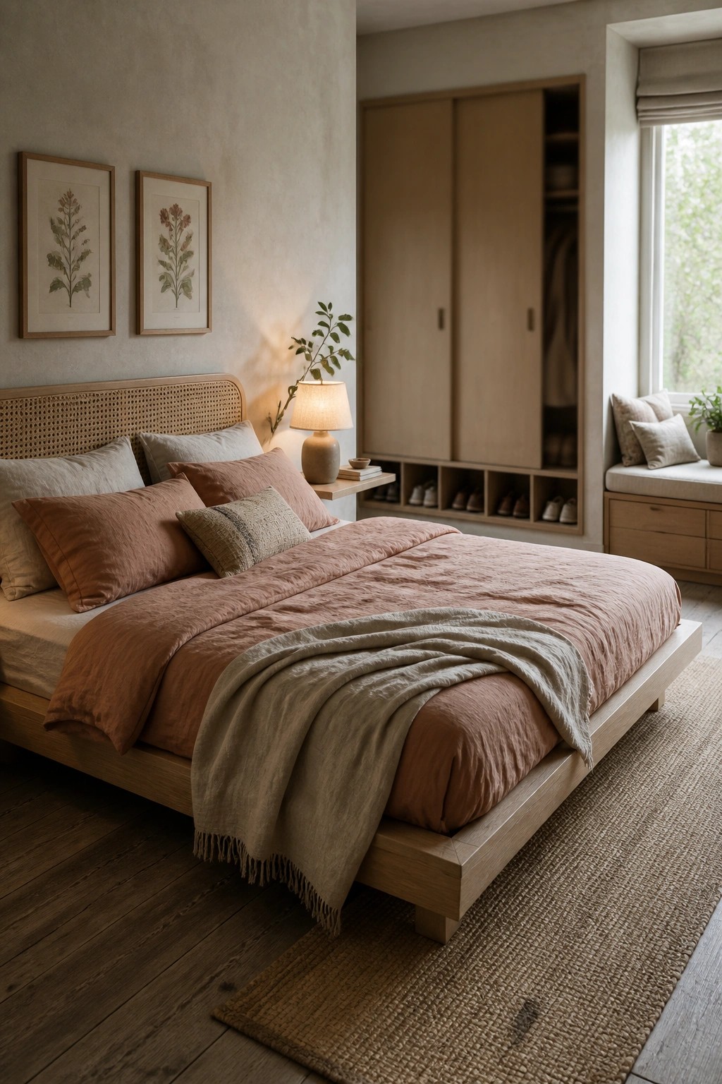 A low wooden bed with layered terracotta and beige linen bedding sits in a bedroom with a woven rattan headboard, built-in wardrobe, and jute rug on dark wood floors.