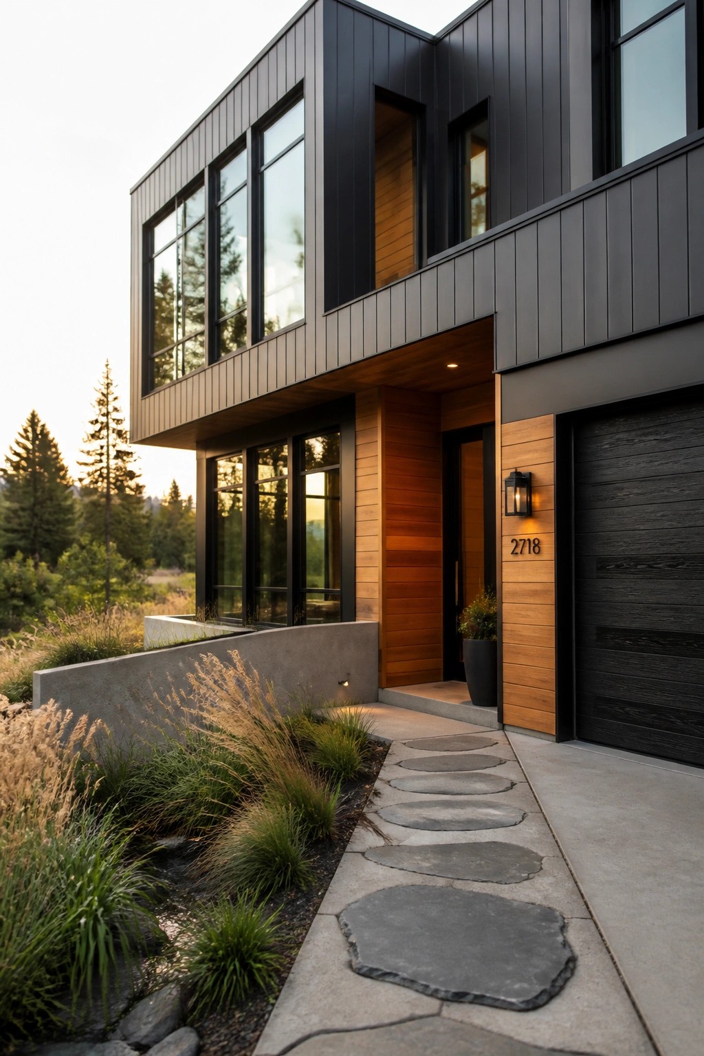 Modern black-and-wood home with large windows, stone pathway, and attached garage.