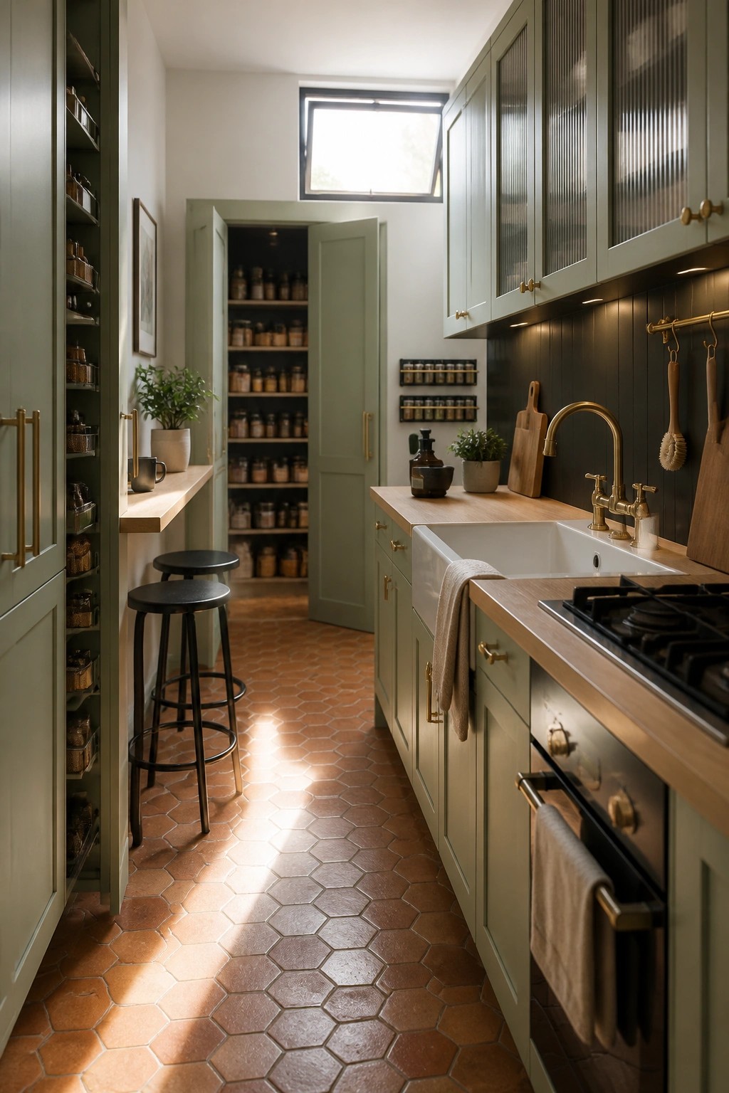A narrow kitchen with sage green cabinets, terracotta hexagon floor tiles, a white farmhouse sink, brass fixtures, and an open pantry doorway showing shelves lined with jars.