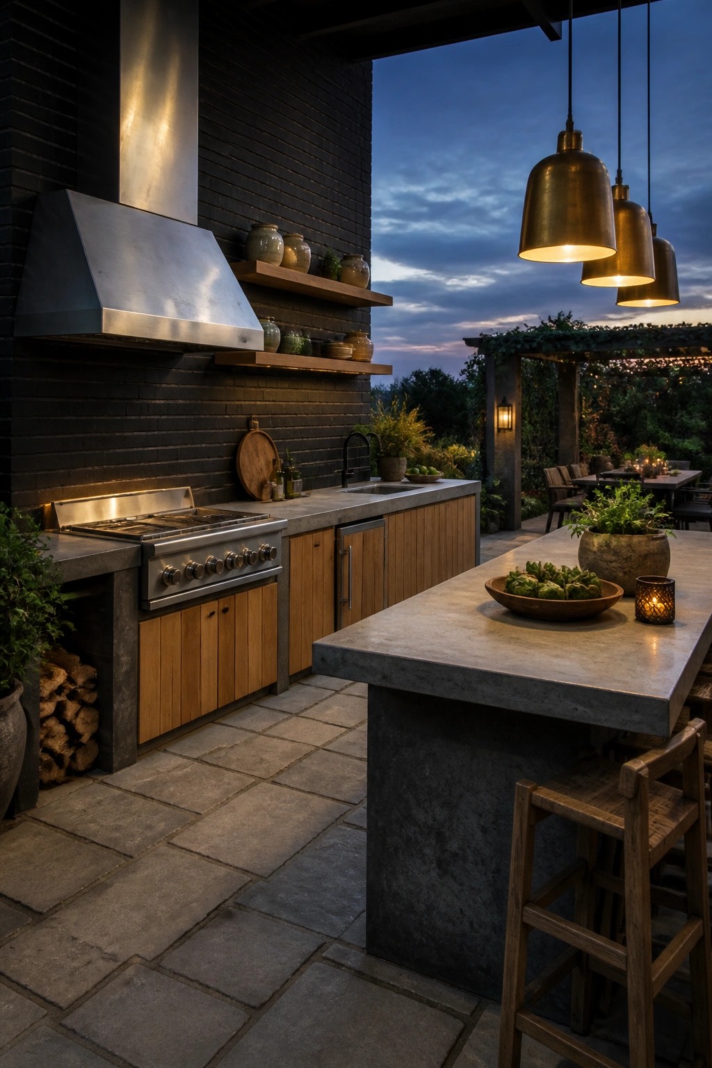 An outdoor kitchen at dusk with a large concrete island, wooden bar stools, stainless steel range and hood against a brick wall, and hanging brass pendant lights.