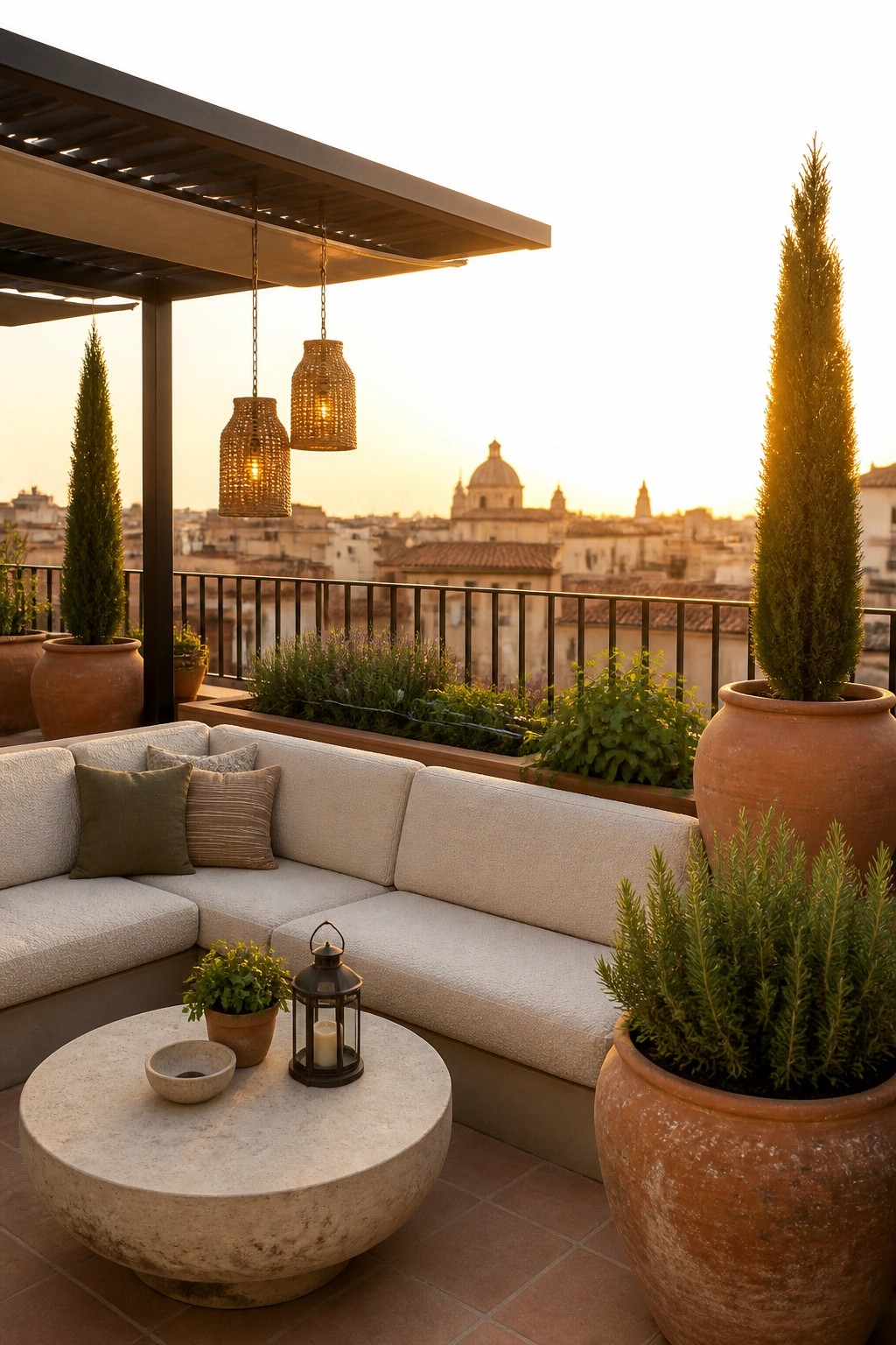 An outdoor terrace features a curved sectional sofa, round stone coffee table, hanging woven lights, and multiple large terracotta pots with tall trees and shrubs overlooking a city at sunset.