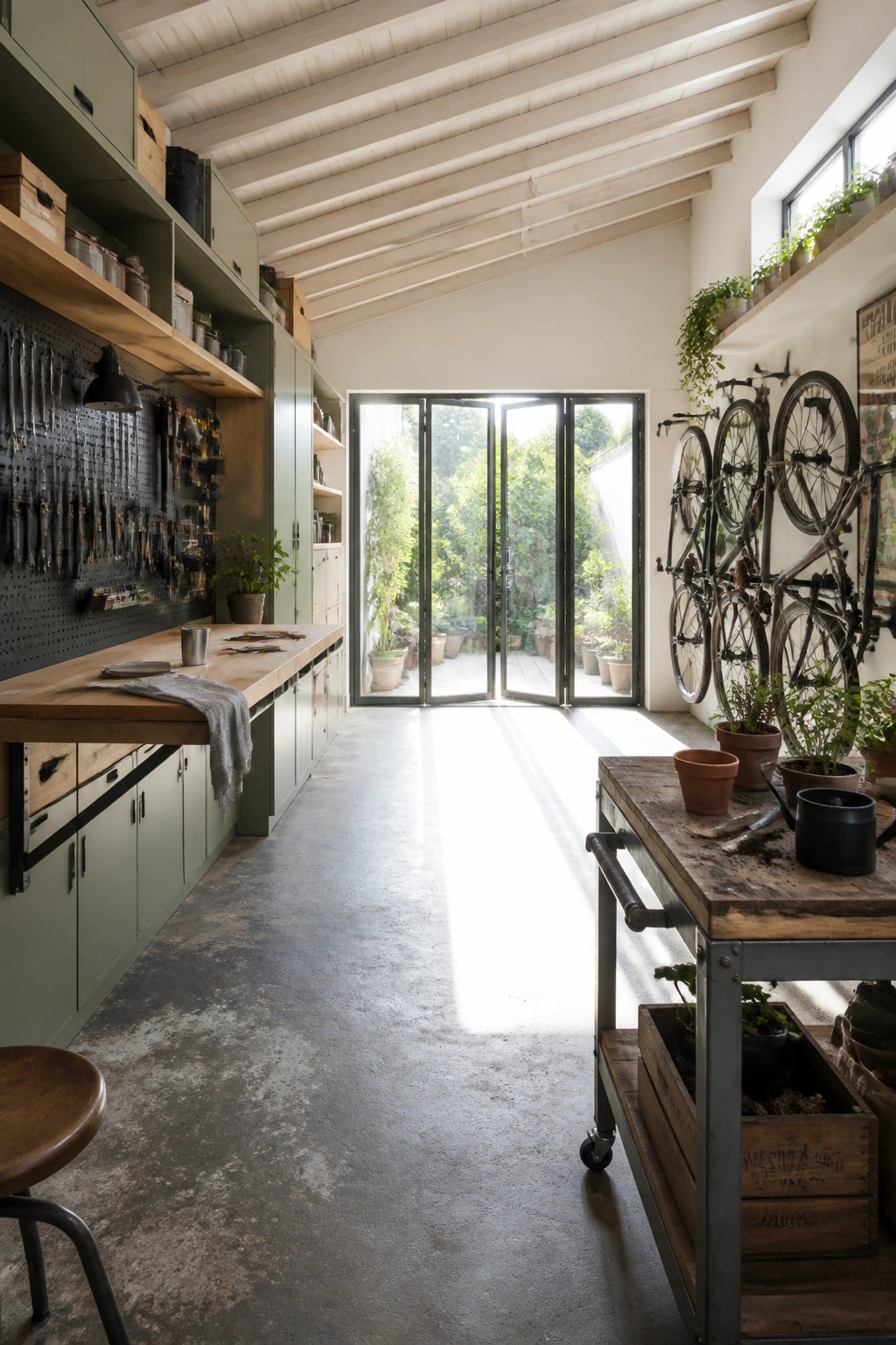 An interior workshop with a long wooden workbench against green cabinets, a pegboard wall holding tools on the left, bicycles mounted on the right wall, and large glass doors opening to a garden.