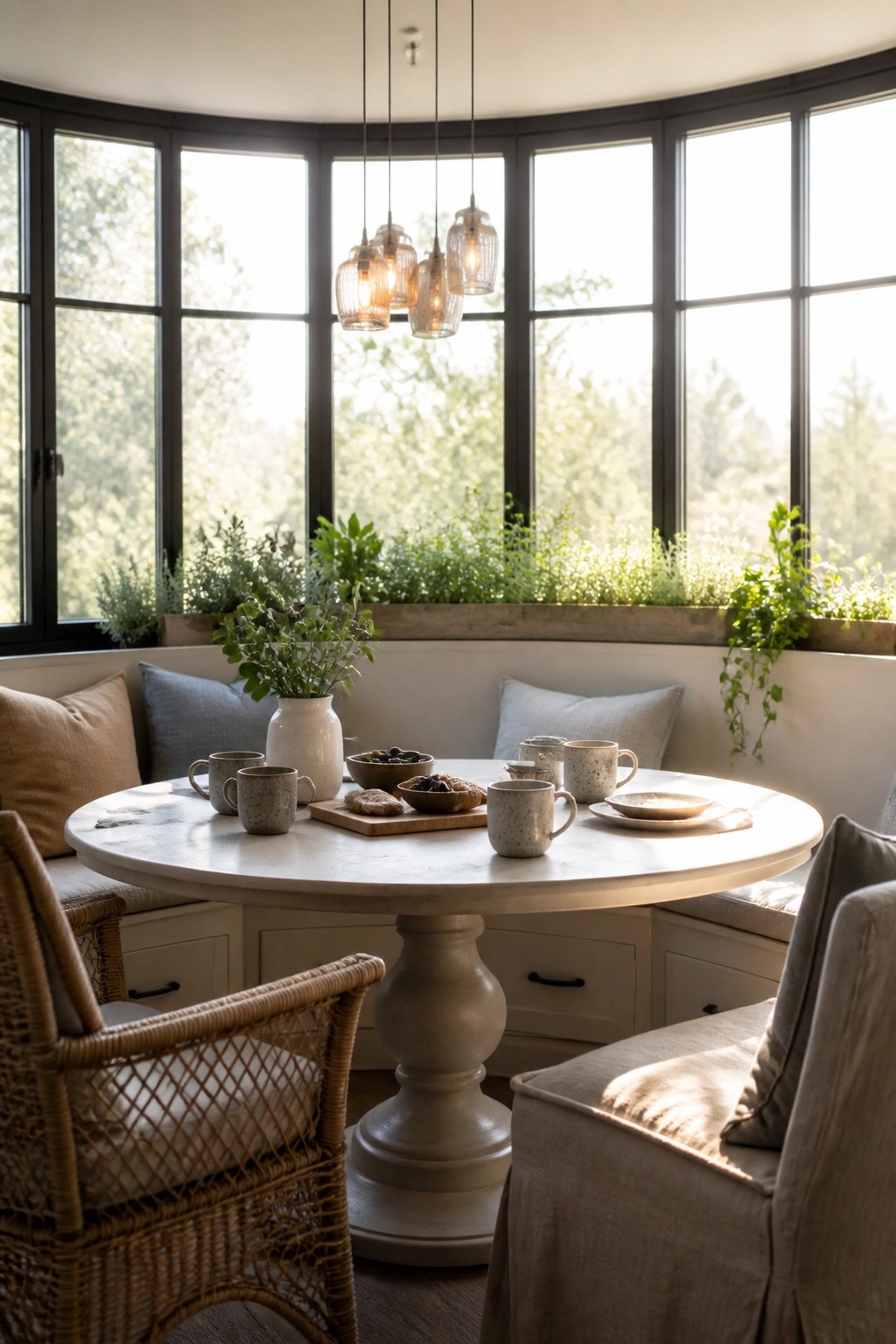 Sunlit round table in bay window nook with hanging lights and greenery