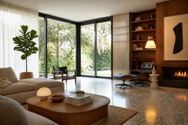Modern living room with beige sofa, ribbed wood table, leather chair, and forest-view windows.