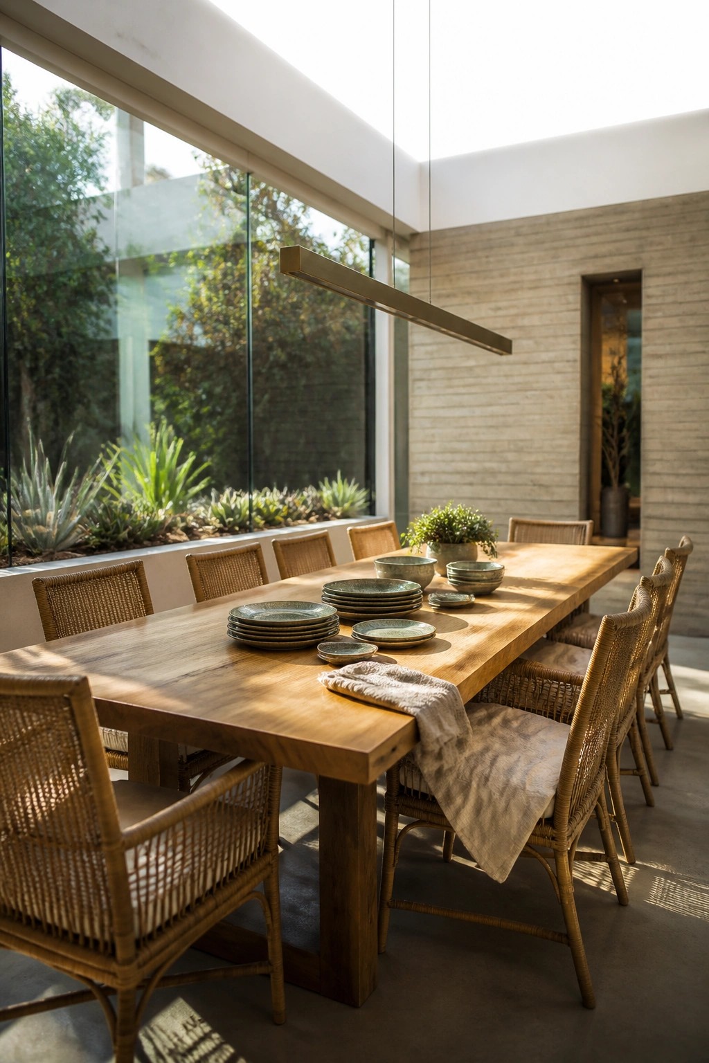 Sunlit wooden table with stacked green plates and woven rattan chairs