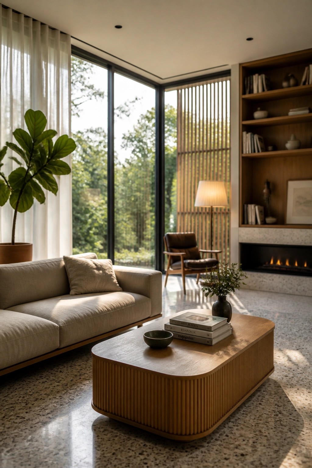 Modern living room with beige sofa, ribbed wood table, leather chair, and forest-view windows.
