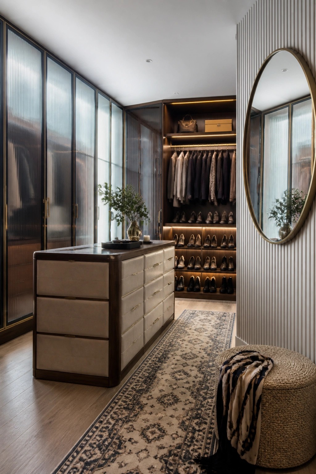 A modern walk-in closet featuring tall fluted glass doors on the left, open shelving with clothing and shoes, a central island with drawers, and a round mirror on a ribbed wall.