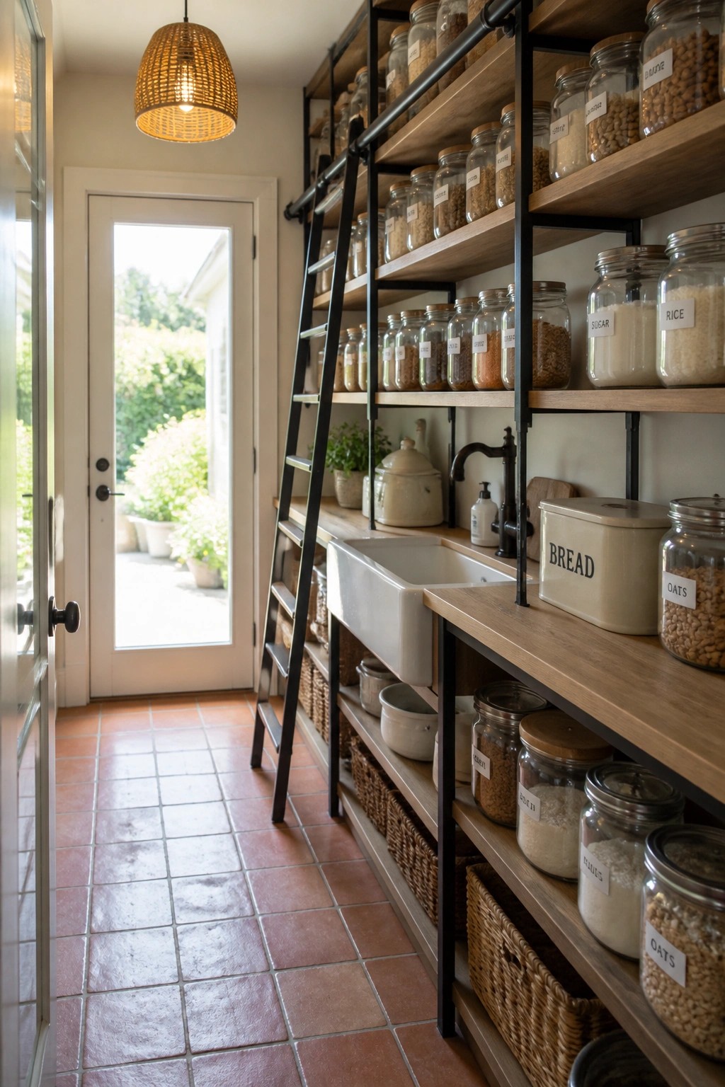 Interior view of a pantry with wooden open shelves holding glass jars, a white farmhouse sink, black ladder, and a glass-paned door opening to a garden.