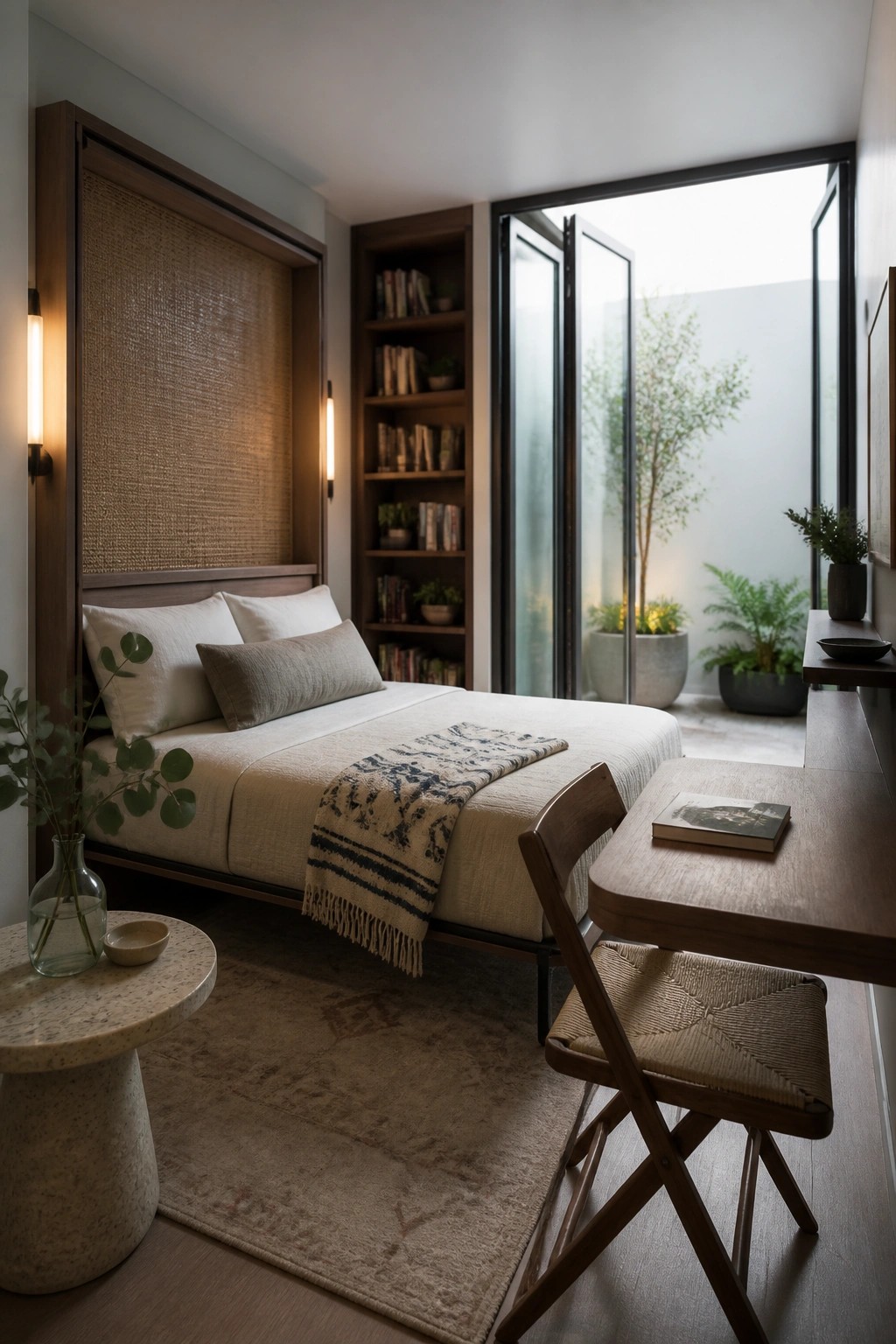 Modern bedroom with bed, built-in bookshelf, wooden desk, and open patio doors.