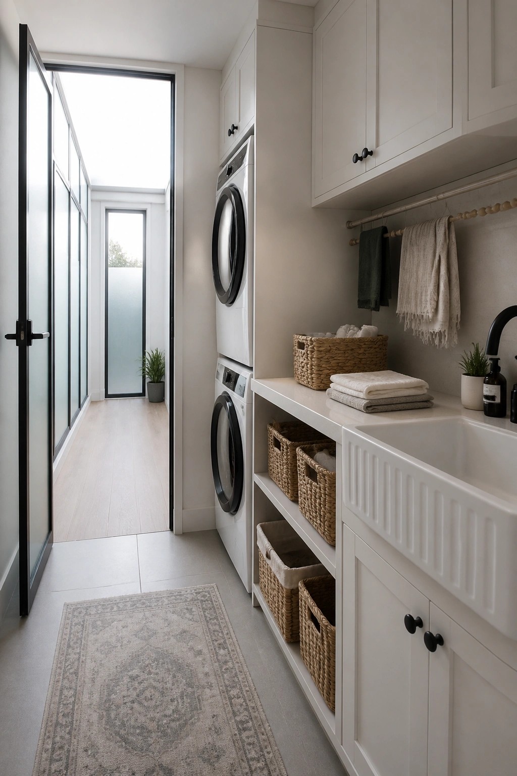 Modern laundry room with stacked washer-dryer, white sink, woven baskets, and open doorway