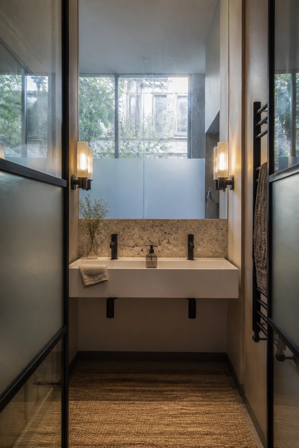 Modern bathroom with floating white sink, black faucets, wall sconces, and woven rug.