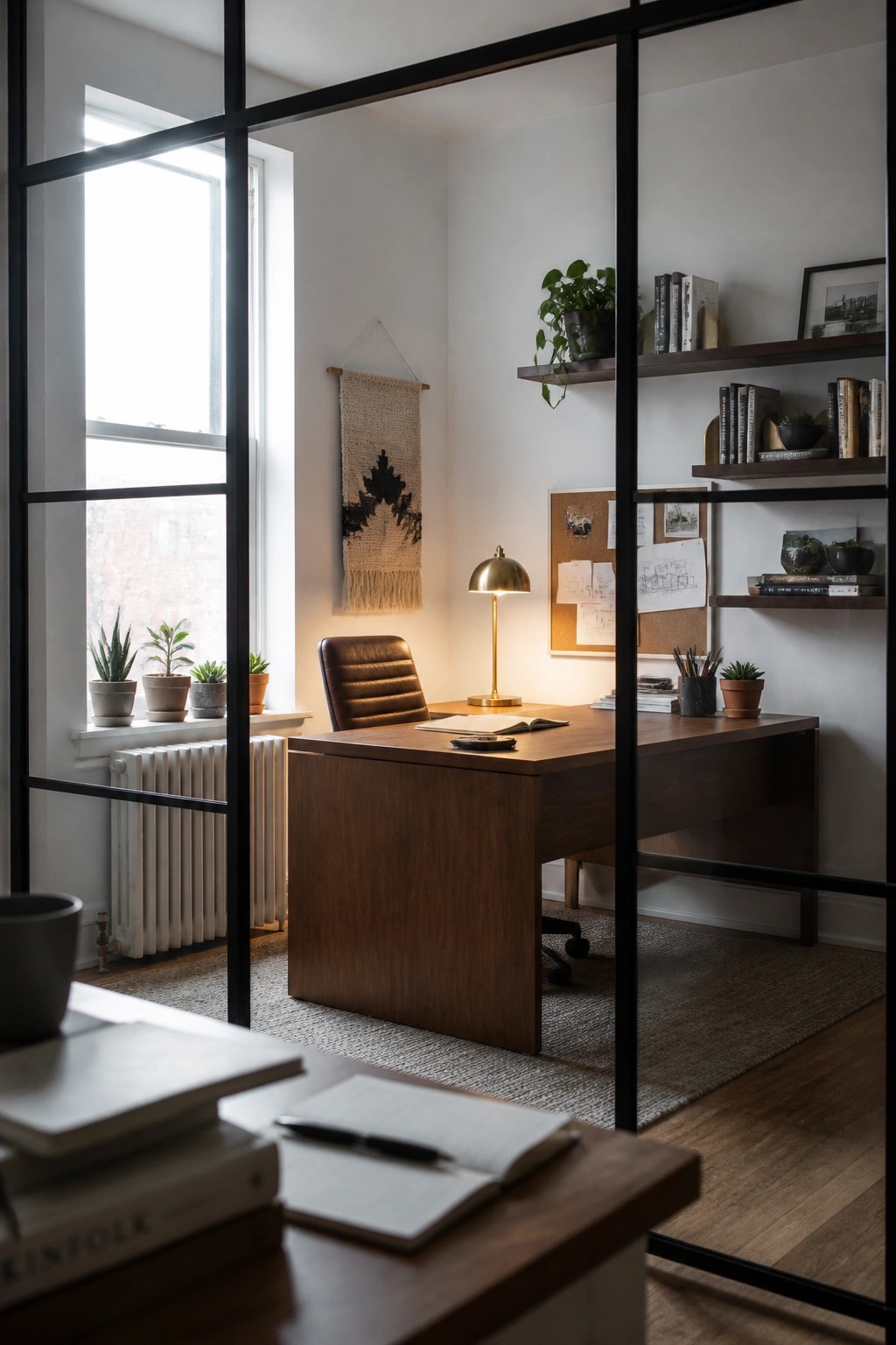 A home office interior with a wooden desk and brown leather chair viewed through black-framed glass partitions, with a large window on the left wall.