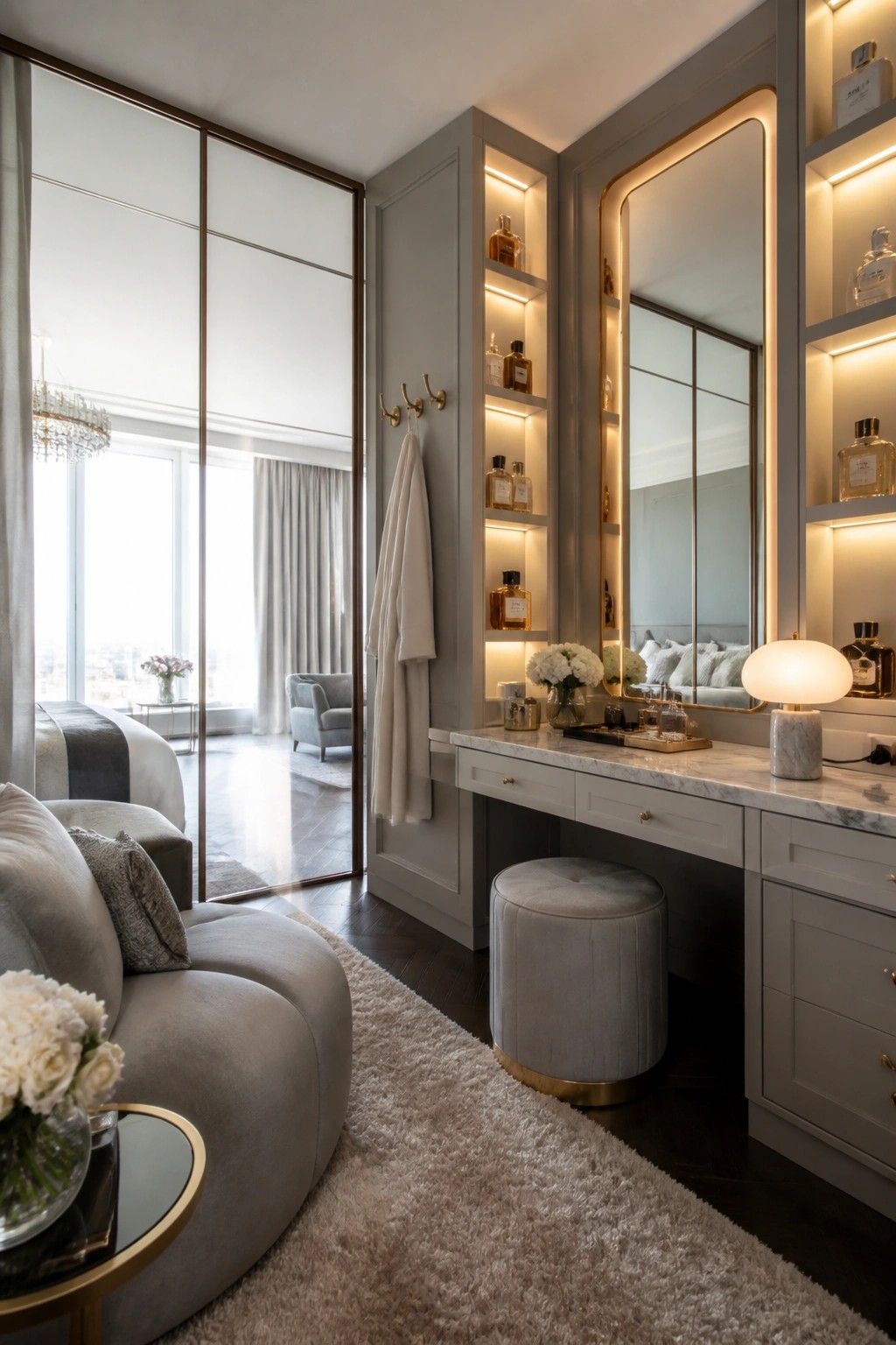 Elegant gray vanity with illuminated mirror, perfume shelves, stool, and robe in luxurious dressing room.