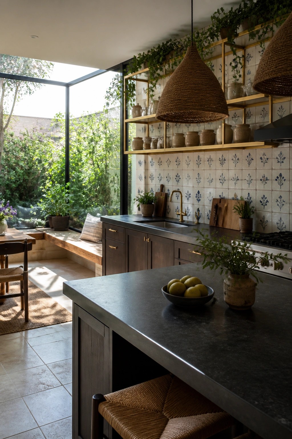 A modern kitchen with dark wood cabinets, a dark stone island holding a bowl of fruit, blue patterned tile backsplash, and large glass windows and doors opening to a garden with plants and a built-in bench.
