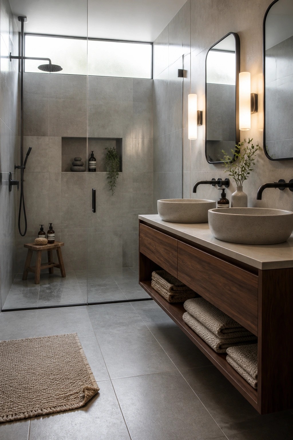 A modern bathroom with a glass shower enclosure, large horizontal window above the shower, and a wood vanity with two stone vessel sinks.