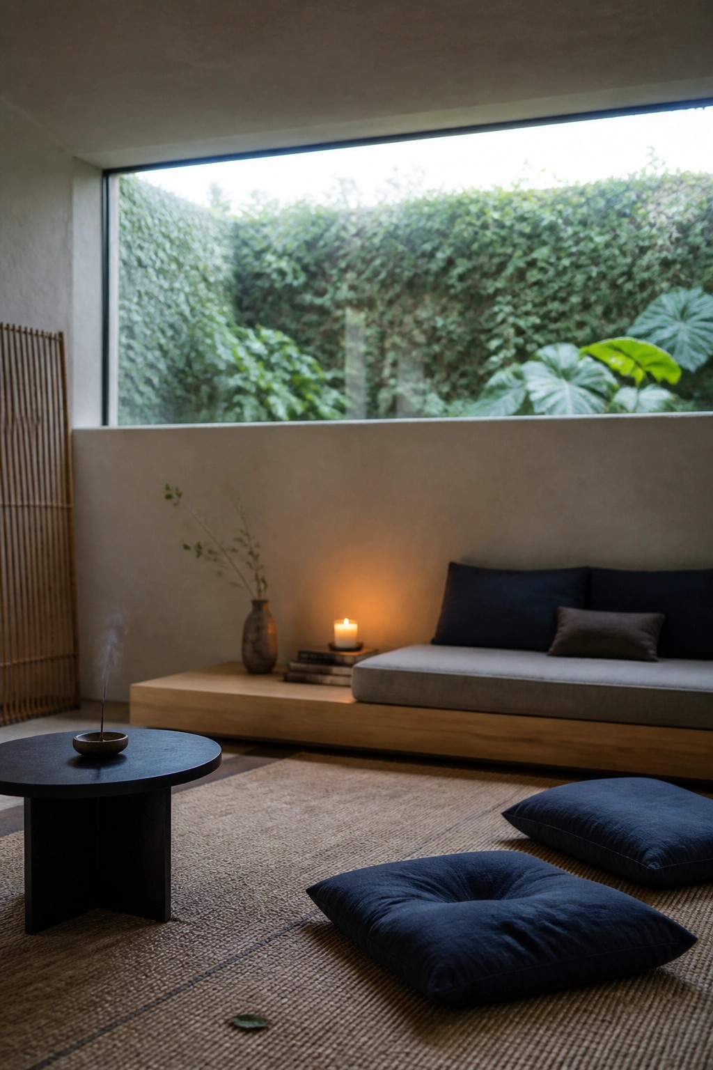 A minimalist interior with a large floor-to-ceiling window overlooking dense green foliage, a low wooden platform with dark cushions, and a small round table on a woven rug.