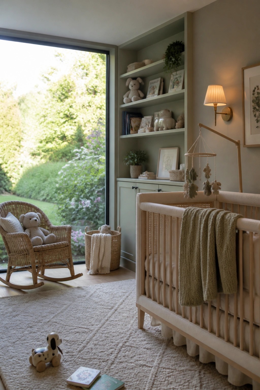 Cozy nursery with wooden crib, wicker rocking chair, teddy bear, and garden window.