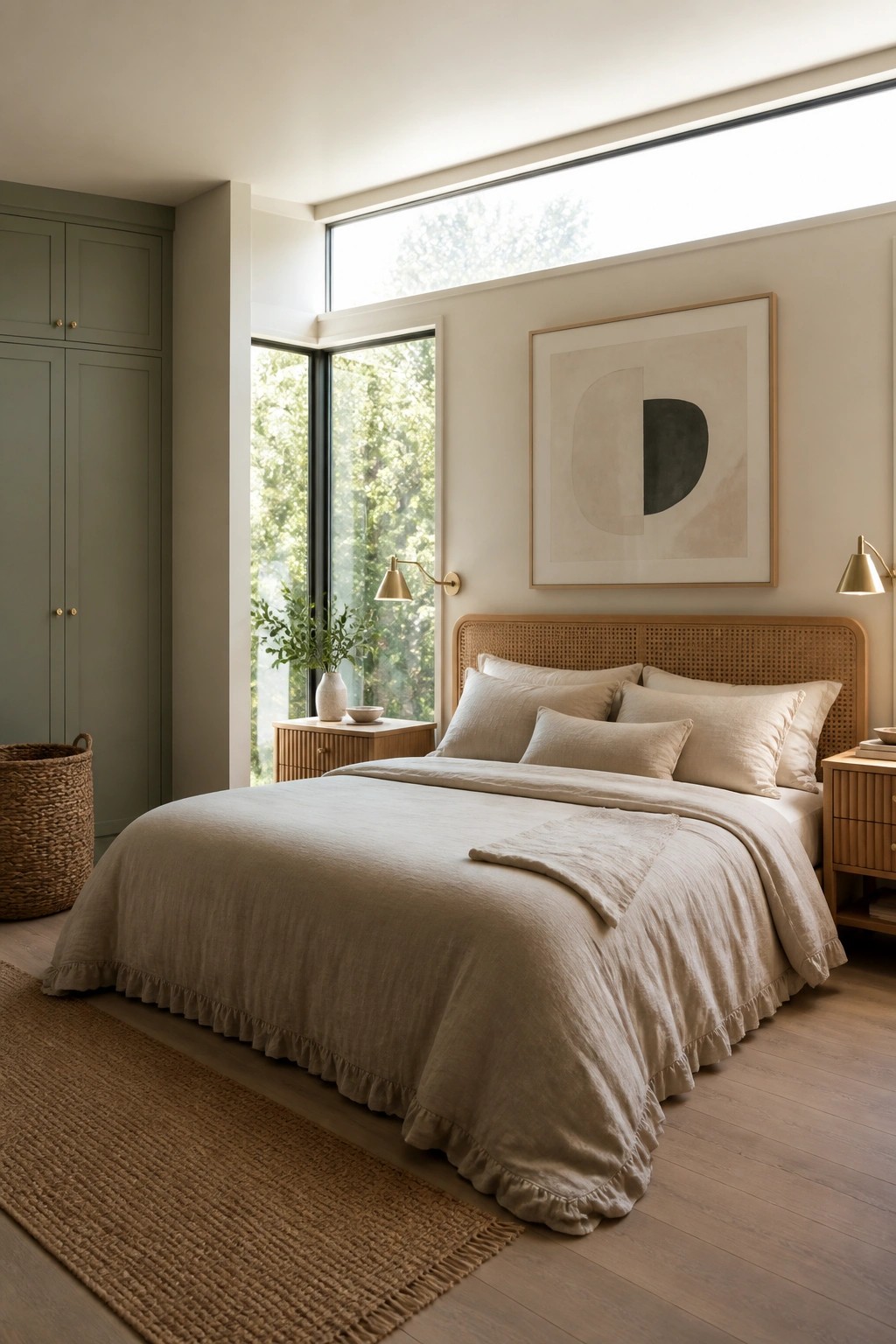 A bedroom featuring a large bed with beige linen bedding against a woven headboard, positioned beneath a wide horizontal window with natural light entering the space.