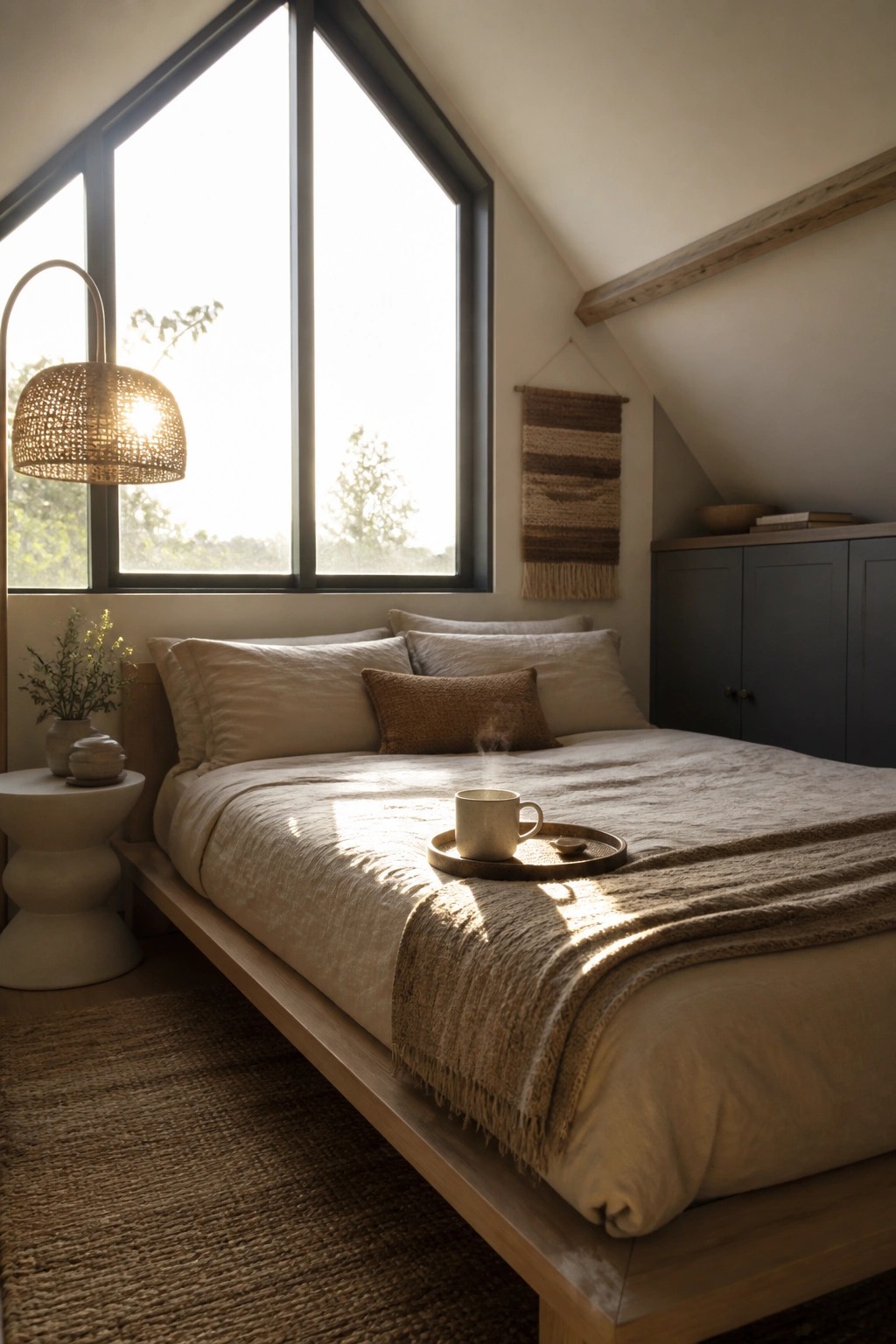 Sunlit wooden bed with beige linens, steaming mug, woven lamp, and large window