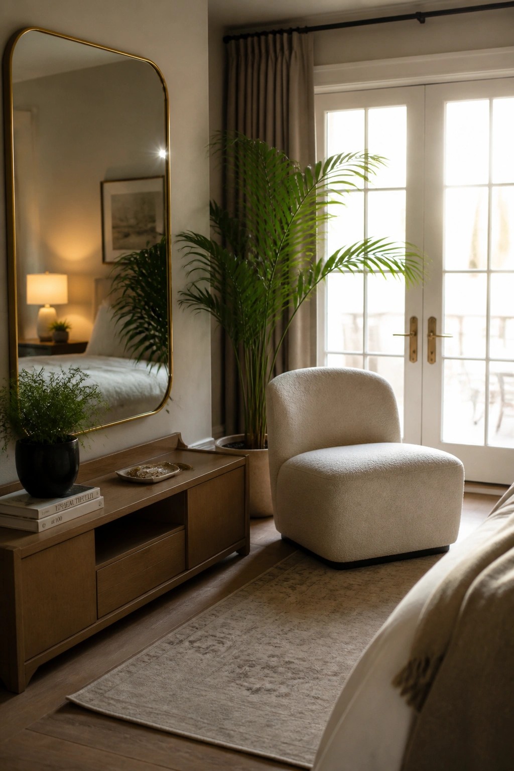A bedroom interior with a large gold-framed mirror on the wall reflecting a bed and lamp, a wooden console with books and a plant below it, a white upholstered chair, potted palms, and French doors with multiple glass panes allowing bright daylight.