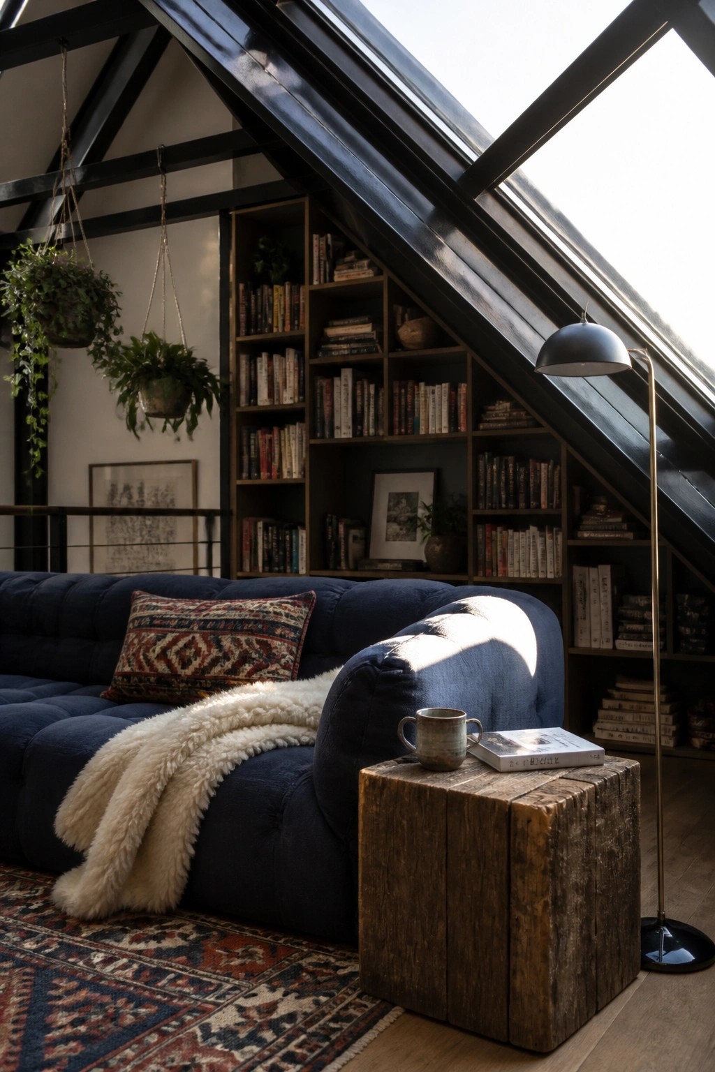 A cozy living room with a blue sofa, wooden side table, built-in bookshelves, and hanging plants under a slanted glass ceiling.