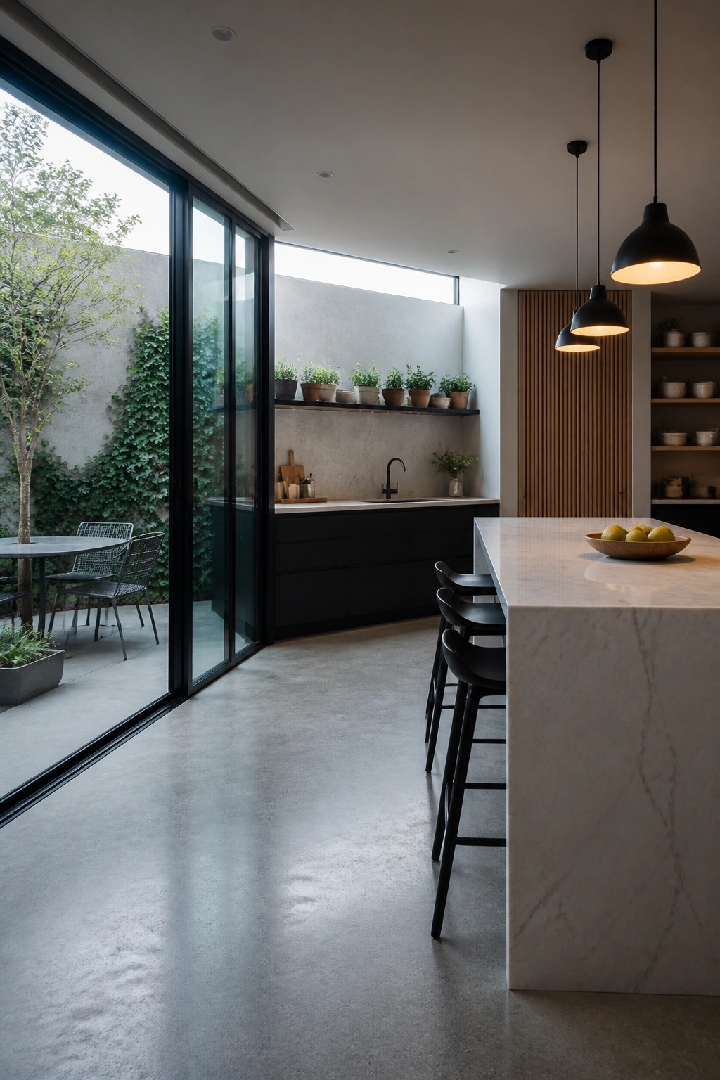 Modern kitchen with marble island, black stools, pendant lights, and patio doors