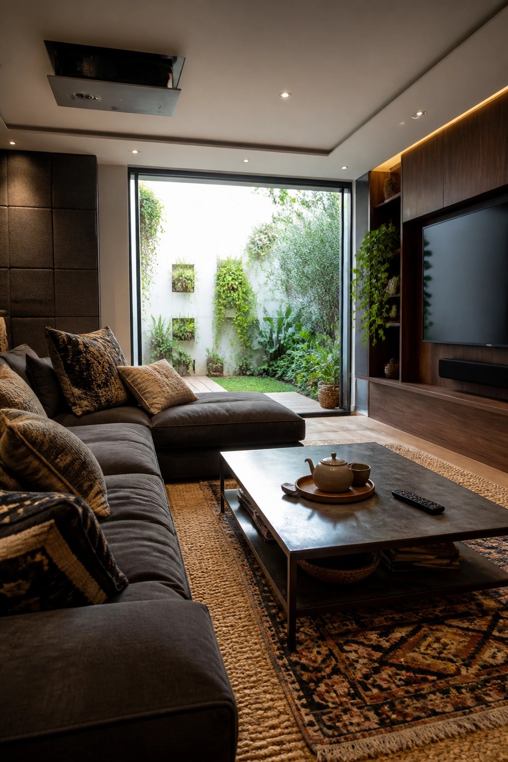 A modern living room with a dark sectional sofa and coffee table facing a large glass sliding door that opens to a green outdoor courtyard.