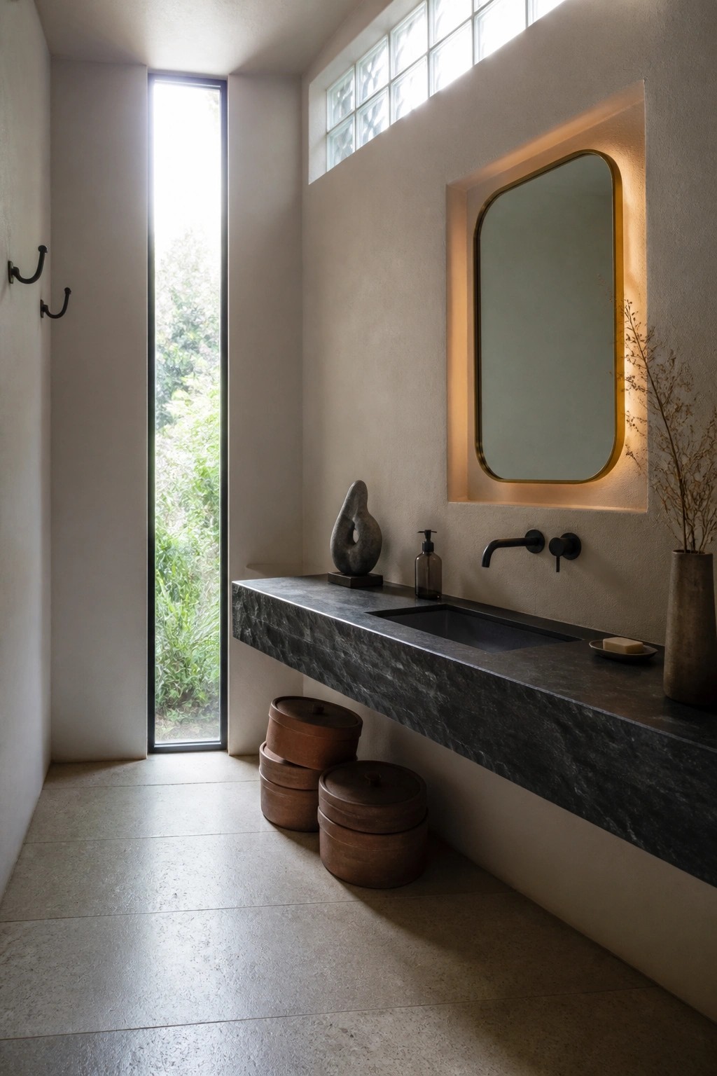 Minimalist bathroom with dark stone vanity, backlit mirror, tall window, and wooden containers.