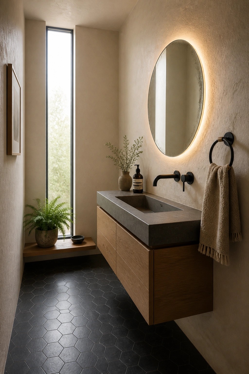Modern bathroom interior with floating wood vanity, concrete sink top, round backlit mirror, black fixtures, beige towel, and tall narrow window on the left wall.