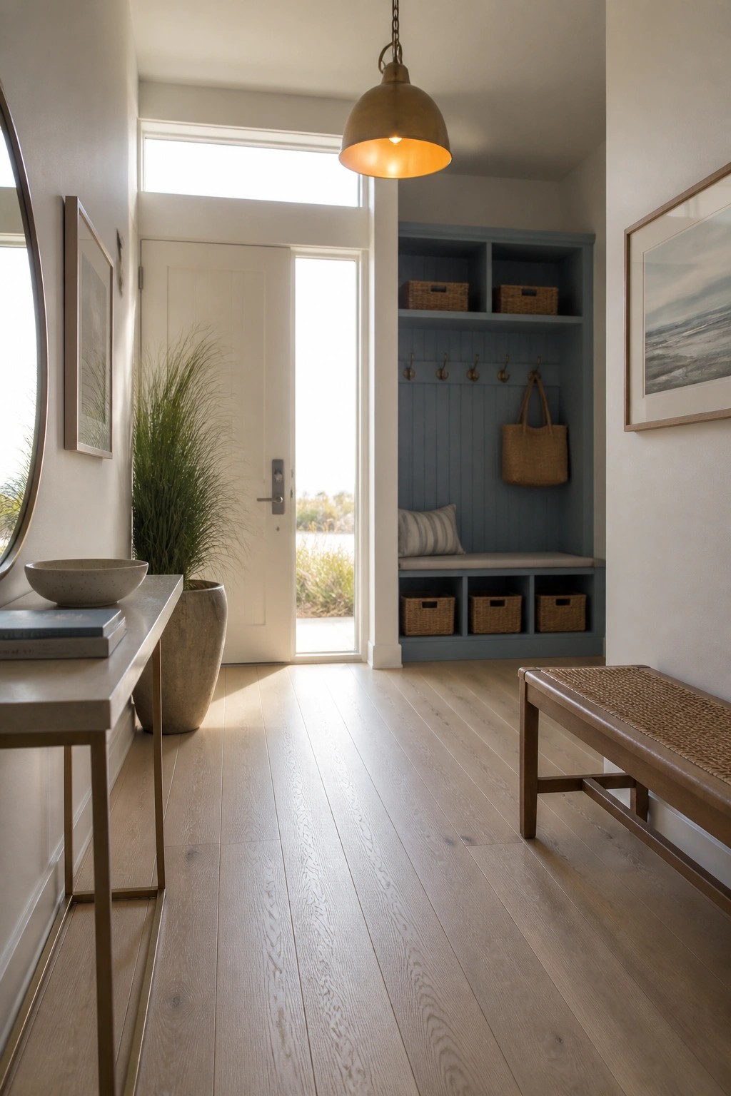 An interior entryway view showing an open white door beneath a transom window, a blue built-in bench with hooks and baskets, light wood flooring, and a console table on the left.