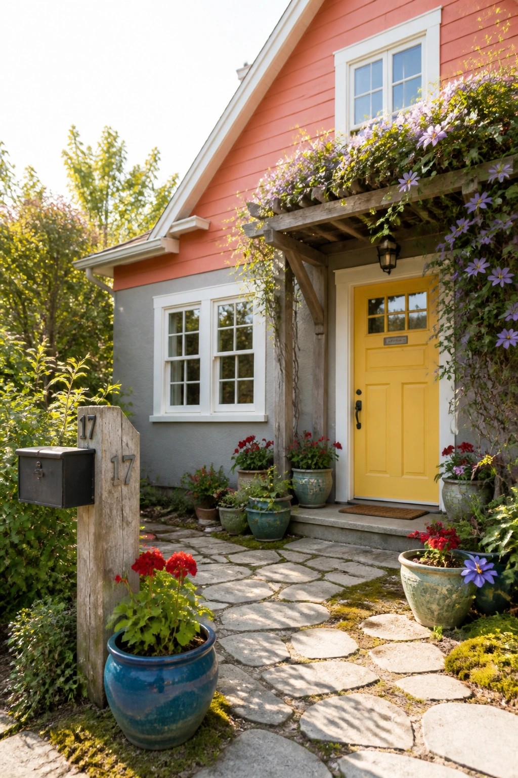 A small house with coral red upper siding, gray lower walls, a bright yellow front door, and a stone pathway lined with potted plants.