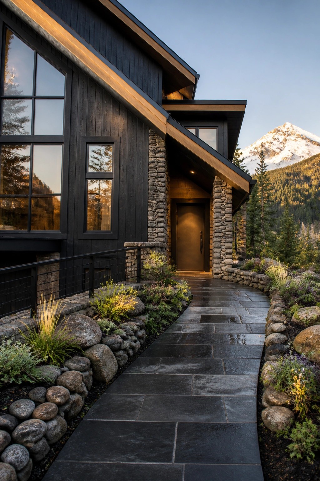 A modern house exterior with dark painted siding, stone pillars around the entry, large windows, and a stone pathway leading to the front door.