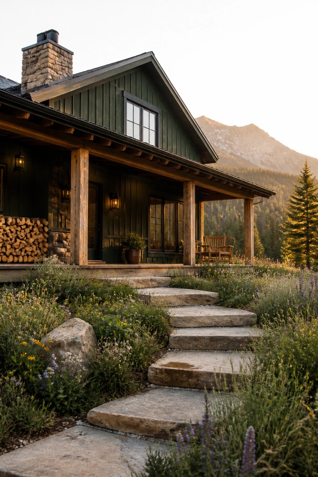 A house exterior with dark green siding, wood porch posts, a stone chimney, and stone steps leading through a garden toward mountains.