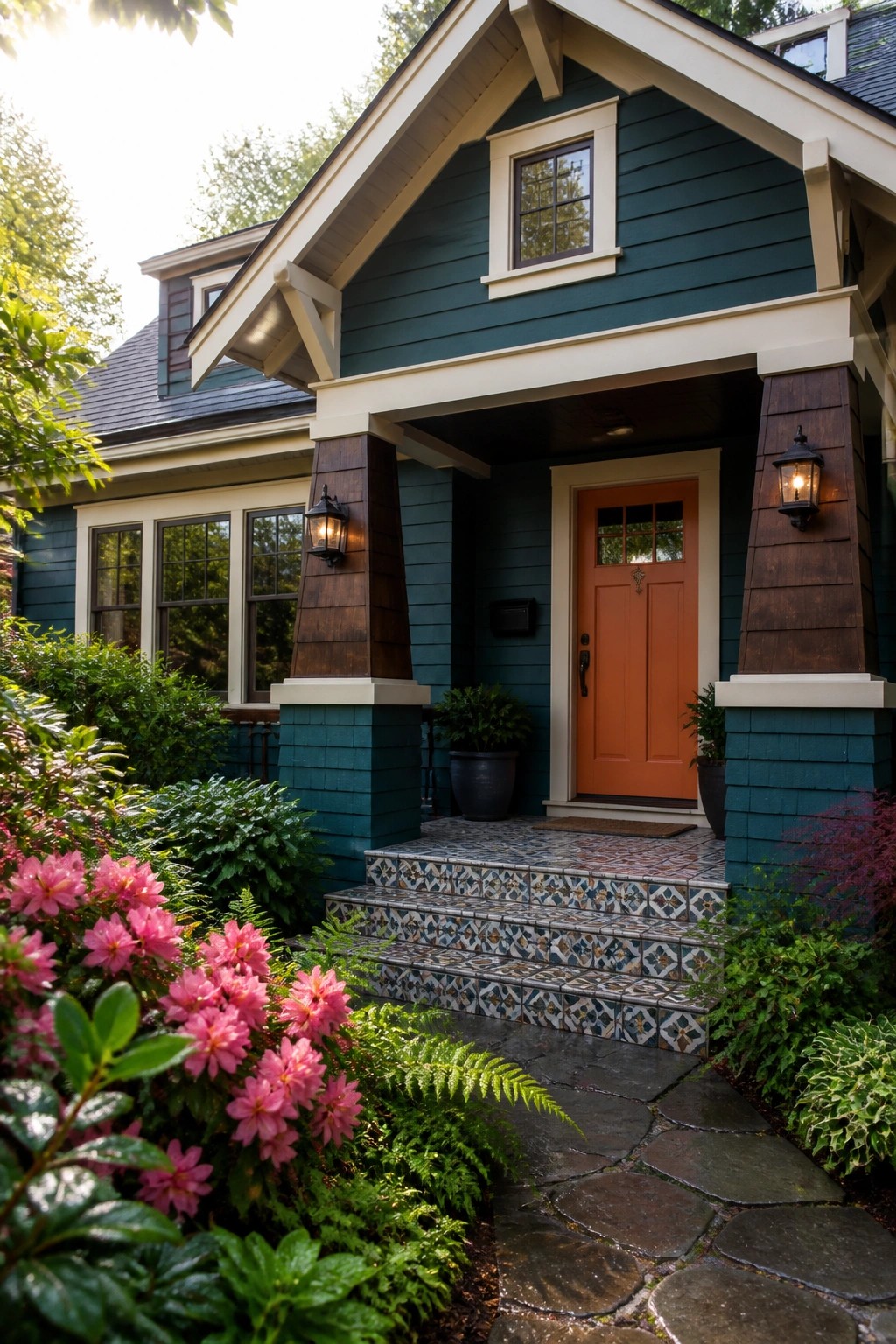 A front view of a house with dark teal siding, white trim, an orange door, stone steps, and surrounding greenery.
