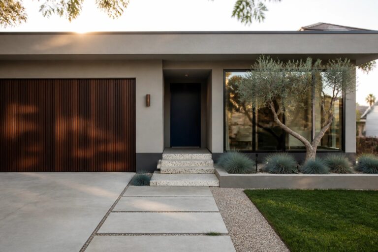 A modern house exterior featuring light gray walls, a horizontal wood garage door, a dark front door, concrete steps, and a small tree in a concrete planter.