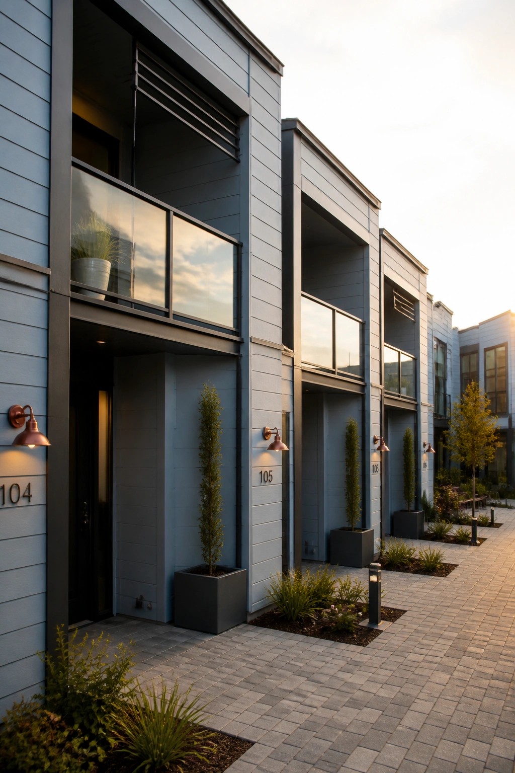Modern multi-unit building exterior with light blue-gray siding, dark trim, glass balconies, and numbered entrances along a paved walkway.