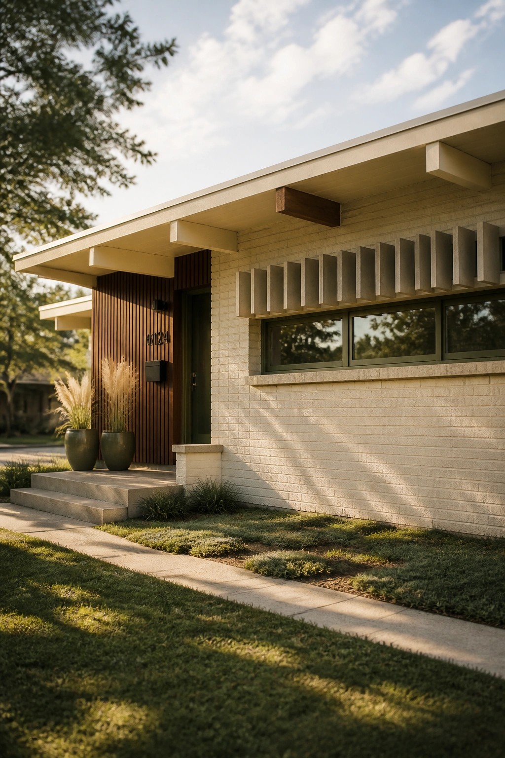 A front view of a modern house with light brick walls, a dark green door, vertical wood siding, and a long horizontal window under a flat roof overhang.