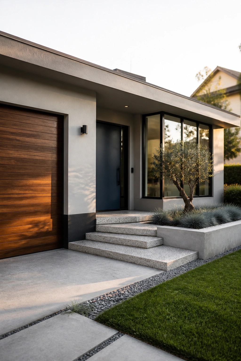 A modern house exterior featuring light gray walls, a horizontal wood garage door, a dark front door, concrete steps, and a small tree in a concrete planter.