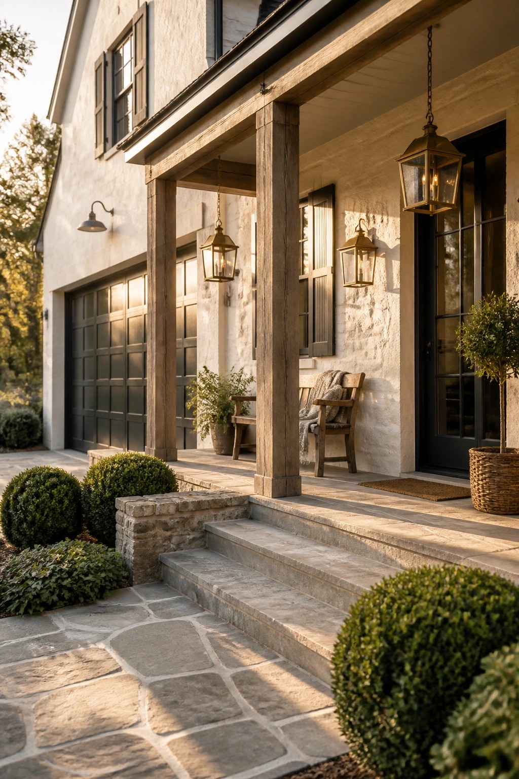 A front view of a house exterior with light walls, dark-framed door and shutters, wooden porch posts, hanging lanterns, and stone steps.