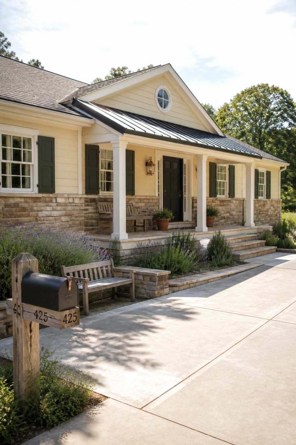 A single-story house with pale yellow siding, dark green shutters, white columns, a dark front door, and a stone foundation.