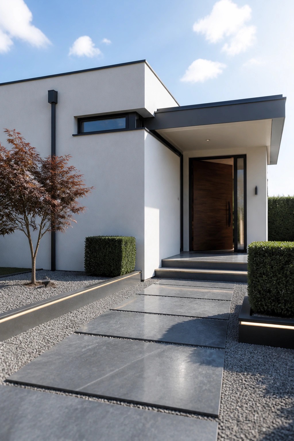 A modern house exterior with white walls, dark trim, a wooden front door, and gray stone pavers leading to the entrance.