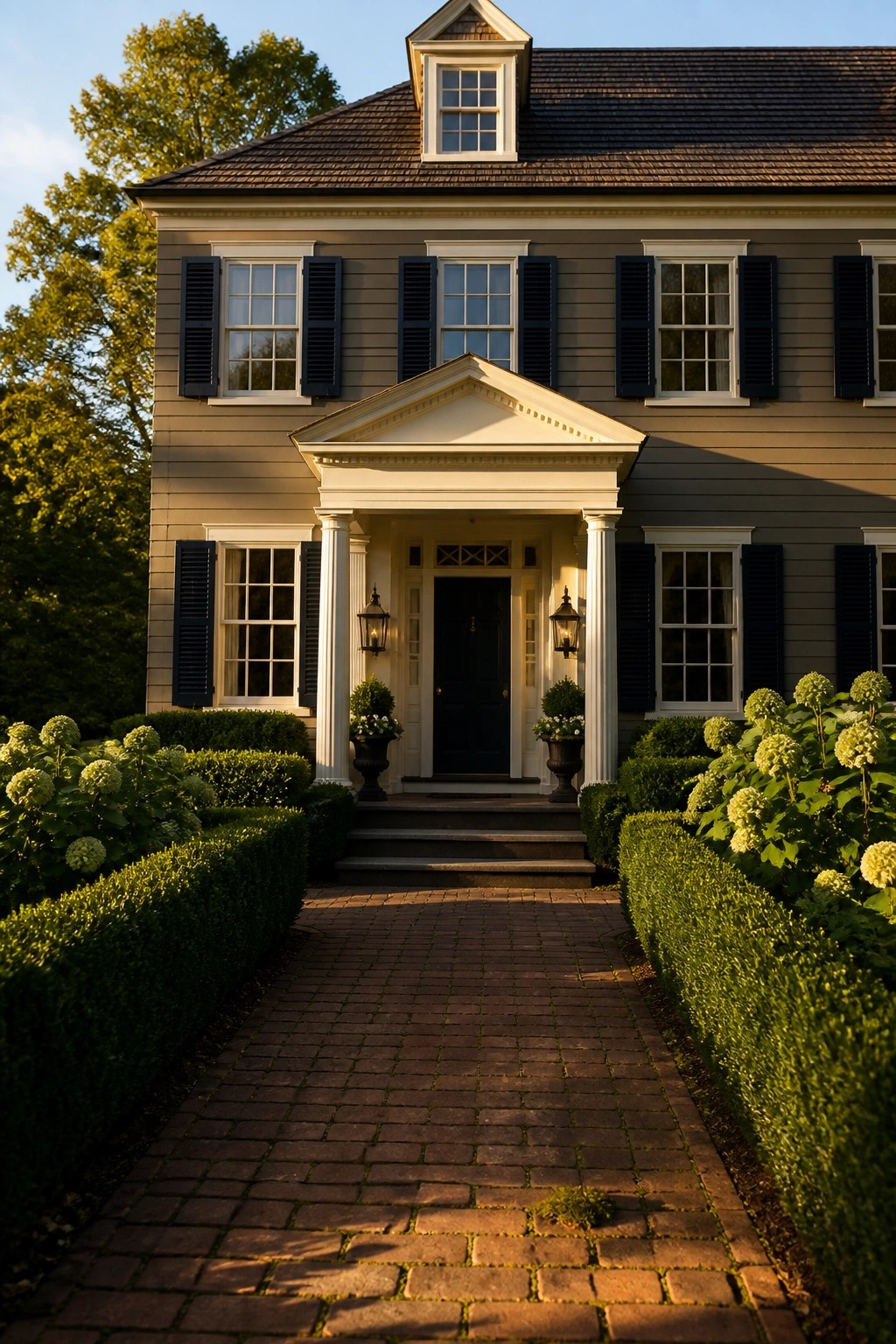 A two-story house with gray siding, white trim, black shutters, and a dark blue front door, viewed from a brick walkway lined with green shrubs.