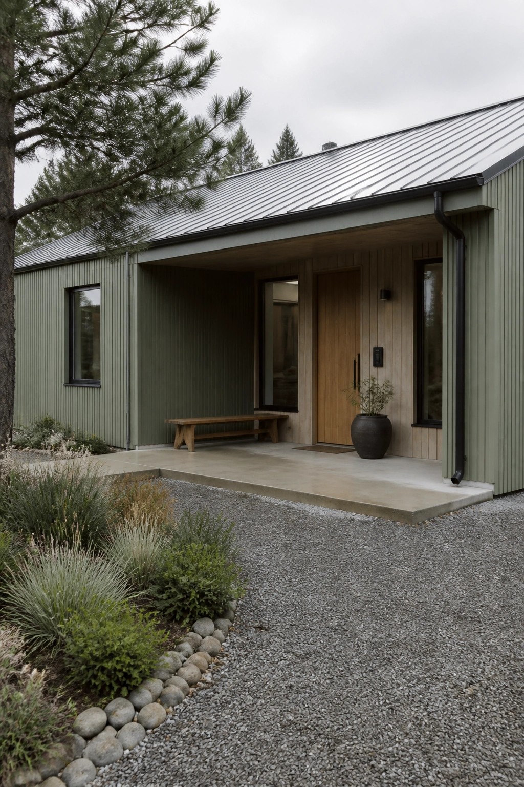 Modern green house with covered porch, wooden door, bench, and gravel driveway