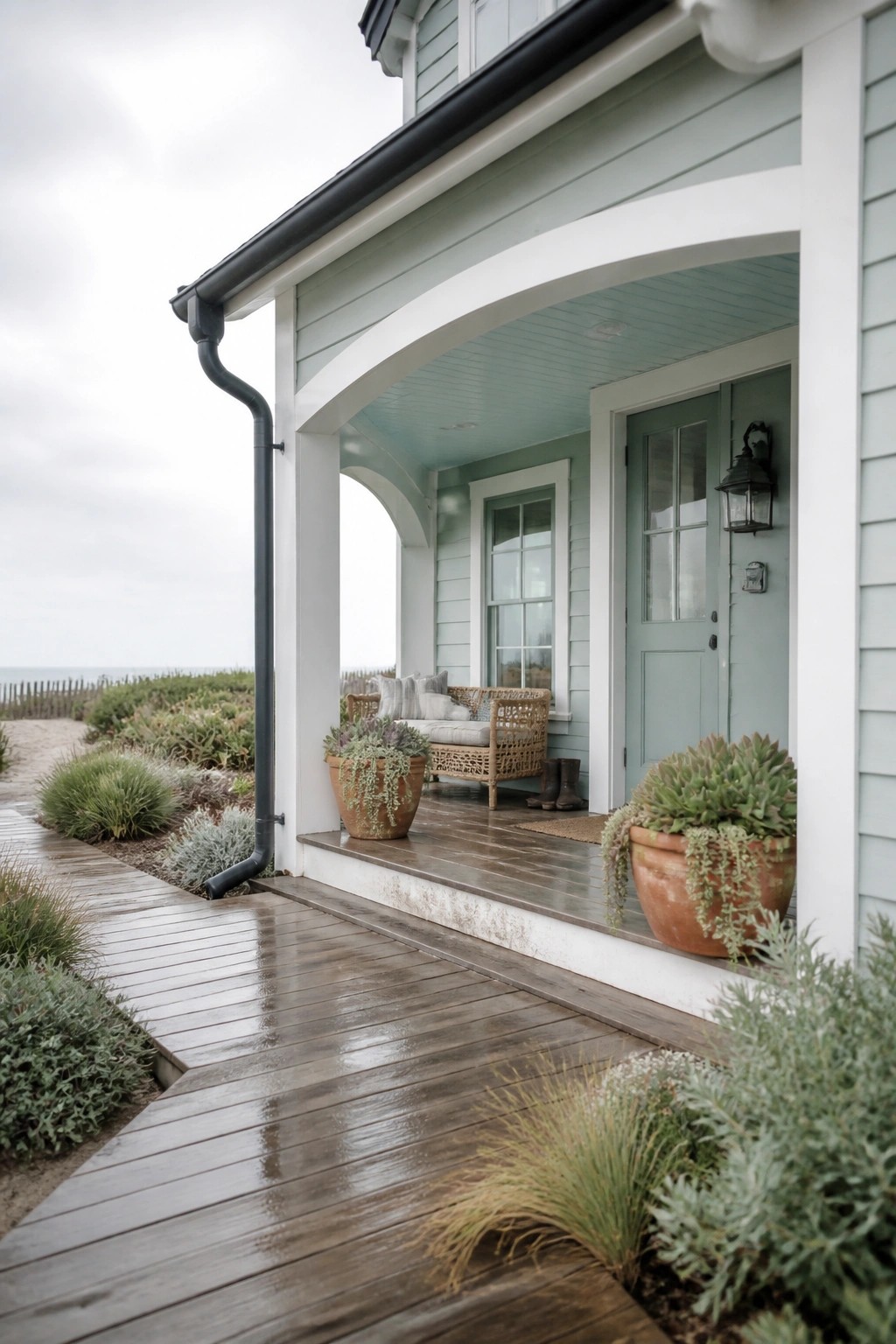 A light green house exterior with white trim, a teal door, covered porch, and wooden walkway surrounded by plants.
