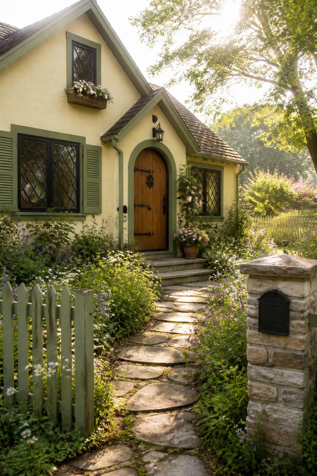 A pale yellow house with green trim, a wooden arched door, and a stone path bordered by flowers and a green fence.