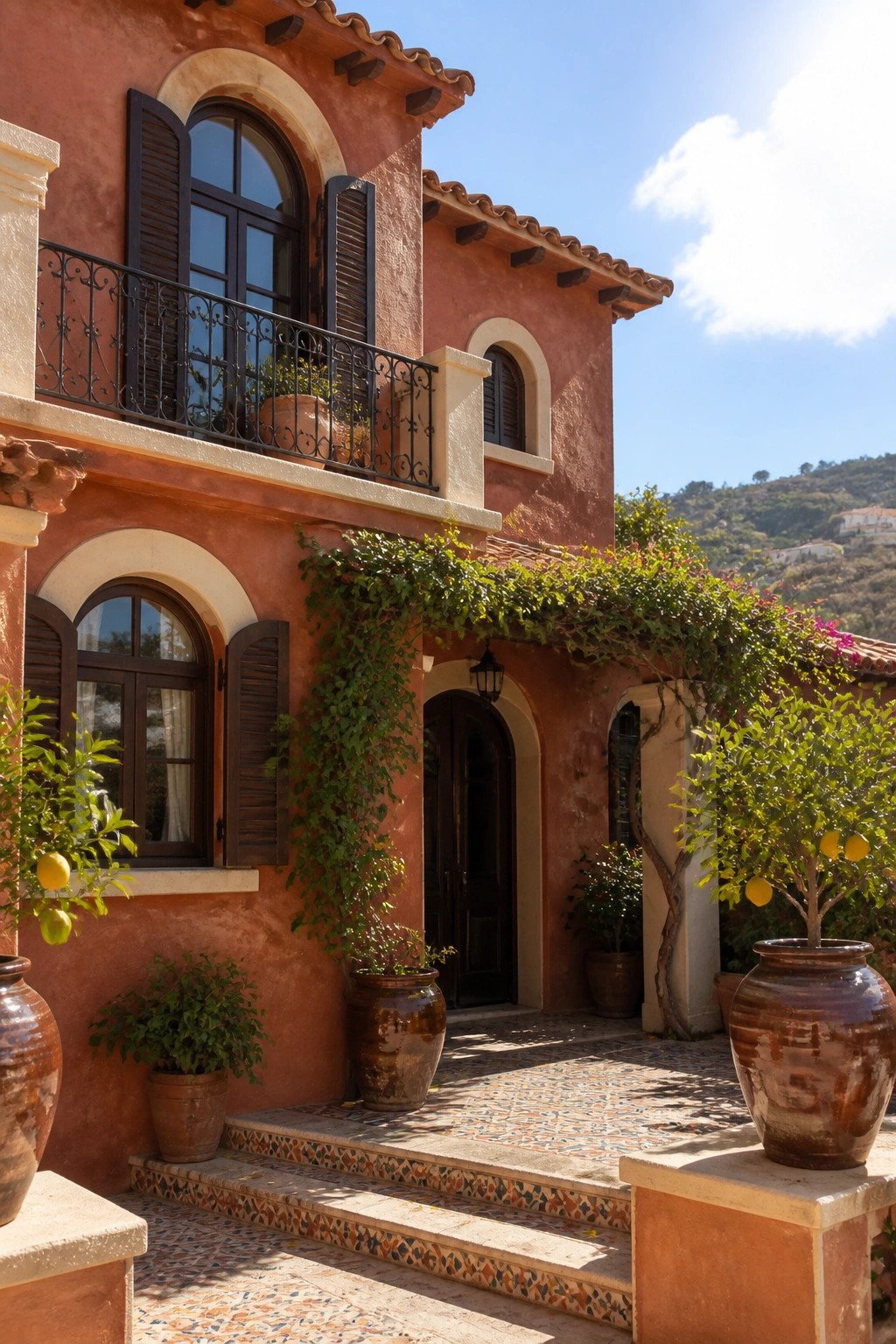 A two-story house with warm terracotta stucco walls, dark shutters, a wrought iron balcony, and large clay pots with plants near the arched entry.